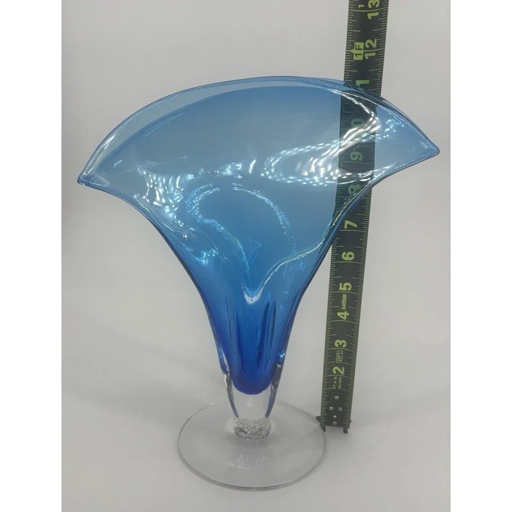 Vintage Blenko Blue & Clear Base Art Fan Glass Vase Hand Blown #872
